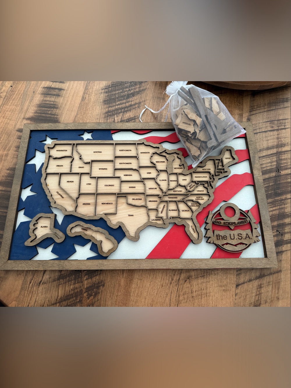 Wooden USA Puzzle Map Wall Art - Red, White & Blue